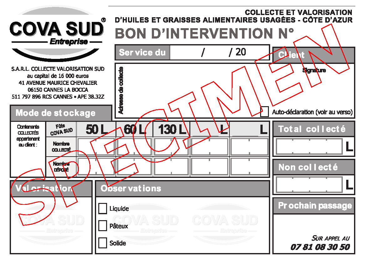 COVA SUD - Bon d'intervention - Bon de collecte des huiles alimentaires usagées.